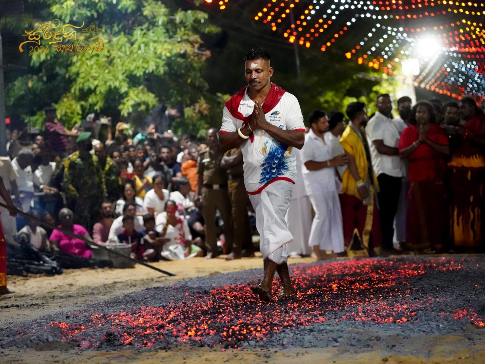 Sacred firewalking ceremony at Kataragama temple festival, Sri Lanka